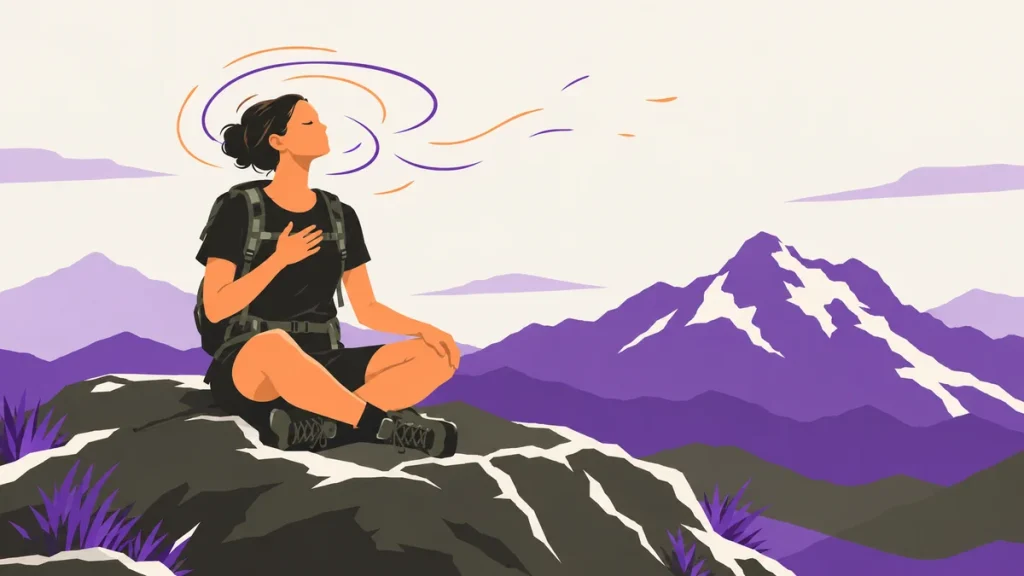 Ilustración sobre qué hacer cuando tienes mucha ansiedad: mujer respirando con calma en la montaña